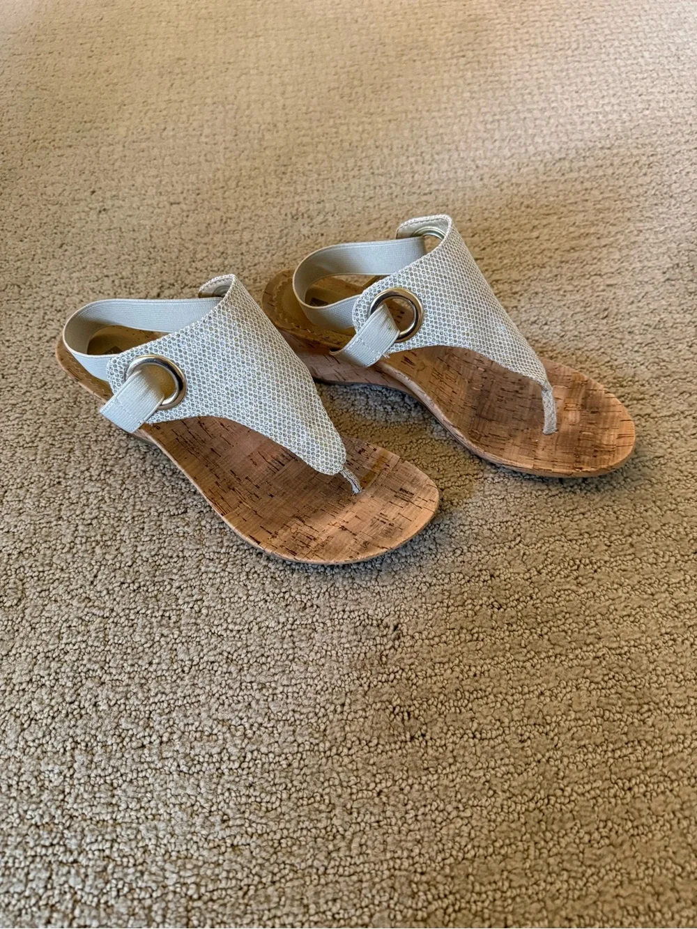 White Mountain Cream Cork Wedge Thong Sandals with Gold Ring Accent